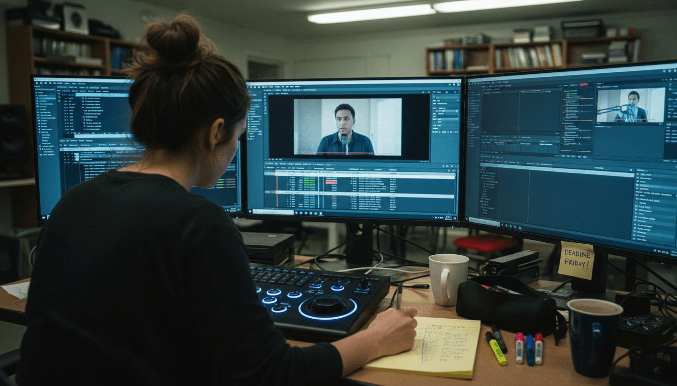 Editor works on video footage in workspace